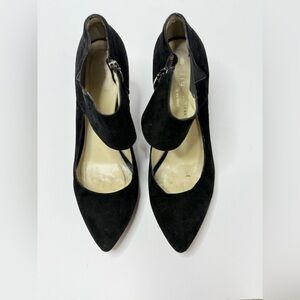 Bettye Muller Black Suede Ankle Strap Pointed Toe Heels Size 38.5